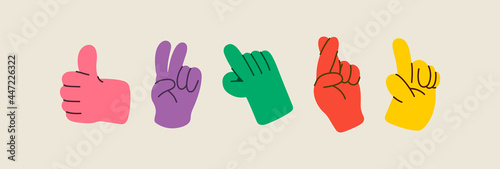 Cartoon hands abstract drawn comic. Set of Hand multicolored different signs and symbols. Drawing style. Vector illustration