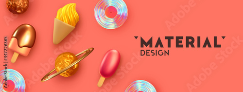 Horizontal pink banner, header for social media and website. Realistic 3d design of objects. Poster template, summer background with ice cream. Vector illustration