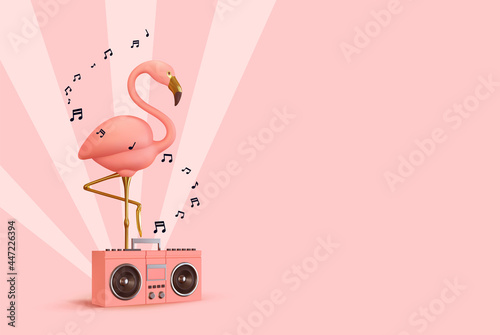 Pink flamingo with Music player. Realistic 3d design of objects. Musical summer concept background. Vector illustration