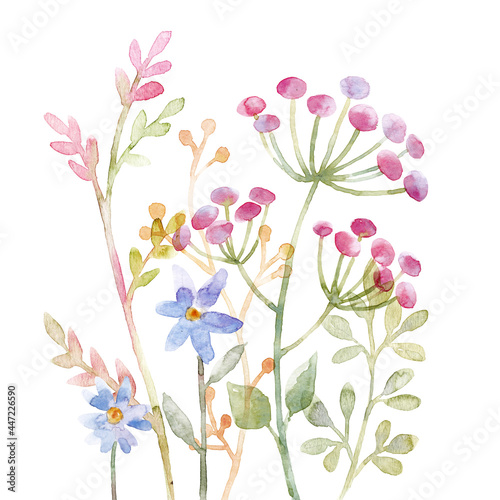 Beautiful floral seamless pattern with cute watercolor hand drawn abstract wild flowers. Stock illustration. photo