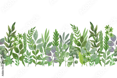 Green leaves branches horizontal seamless border watercolor illustration, foliage arrangement, perfect for cards, invitations, fabric with copy space