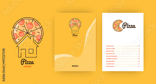Pizza and house icon. Template with menu. Vector illustration