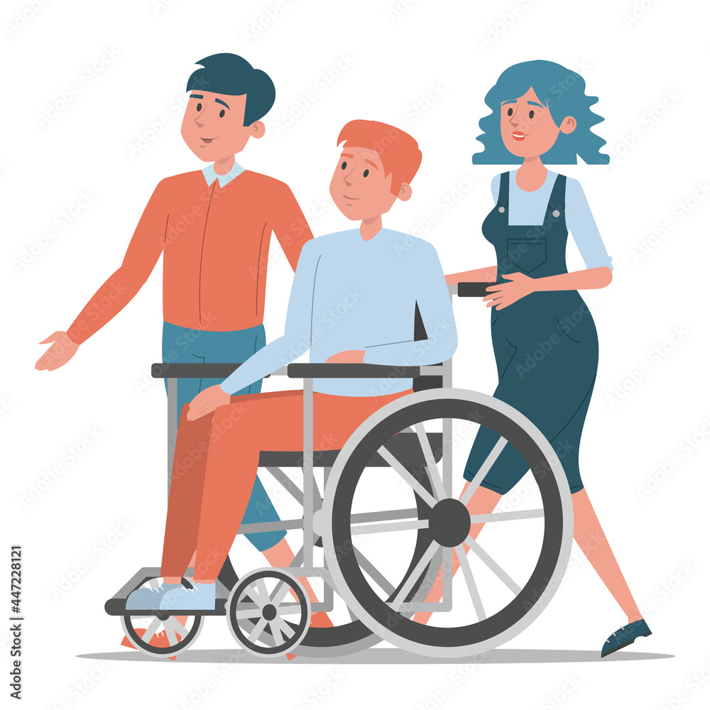 Friends walking together vector isolated. Young disabled guy in wheelchair spend time with his best friends. Impaired person, cheerful teenager. Friends walking together vector isolated. Young disabled guy in wheelchair spend time with his best friends. Impaired person, cheerful teenager.