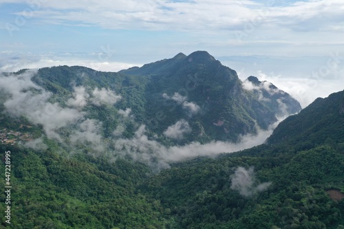 Drone photo, high angle, fog on the top of Ban Pha Hee Mountain, Mae Sai District Chiang Rai Province, Thailand, Asia