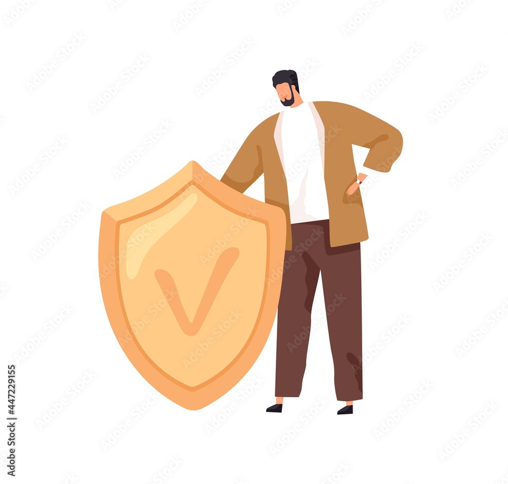 Tiny person standing with safe shield as symbol of defense and secure. Concept of cyber safety and privacy. Man defending and protecting data. Flat vector illustration isolated on white background Tiny person standing with safe shield as symbol of defense and secure. Concept of cyber safety and privacy. Man defending and protecting data. Flat vector illustration isolated on white background