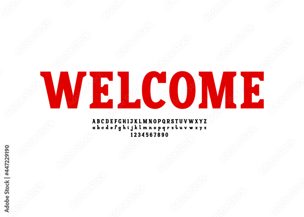 Trendy red font, bold alphabet slab serif, Latin letters from A to Z and Arab numbers from 0 to 9, vector illustration 10EPS Trendy red font, bold alphabet slab serif, Latin letters from A to Z and Arab numbers from 0 to 9, vector illustration 10EPS
