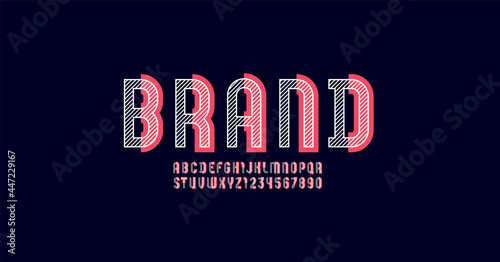 Original striped font, alphabet sans serif, modern uppercase Latin letters from A to Z and Arab numbers from 0 to 9, vector illustration 10EPS
