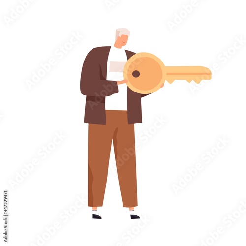 Tiny person holding big golden key to success. Concept of solving problems, finding solutions in business. Man unlocking secrets. Colored flat vector illustration isolated on white background