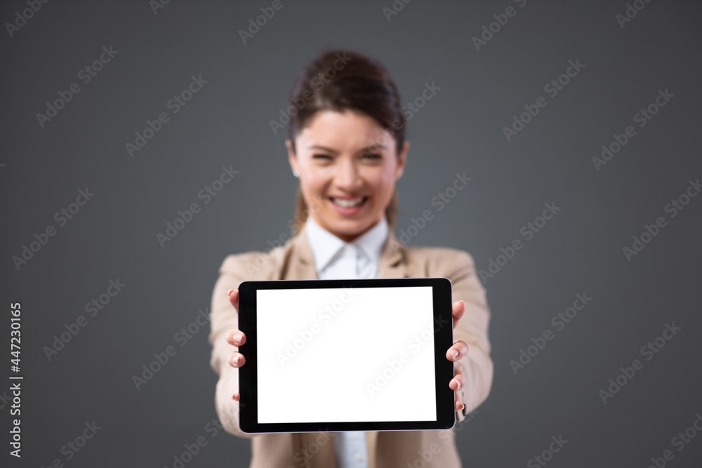 A woman dressed in business elegant clothes holds a digital tablet with both hands with white space to enter marketing and advertising messages. Focus on an isolated digital device, empty copy space A woman dressed in business elegant clothes holds a digital tablet with both hands with white space to enter marketing and advertising messages. Focus on an isolated digital device, empty copy space