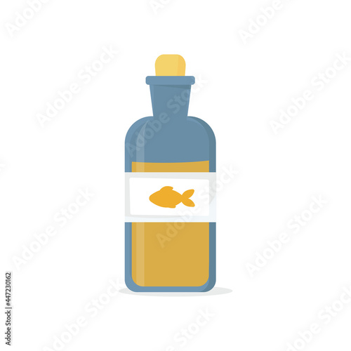 fish fat. Isolated image. Glass bottle with cork. Label with silhouette of goldfish. Food supplement omega 3-6-9. Vector illustration, flat
