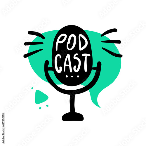 Podcast cover doodle icon. Sound recording equipment hand drawn vector illustration isolated on white. 