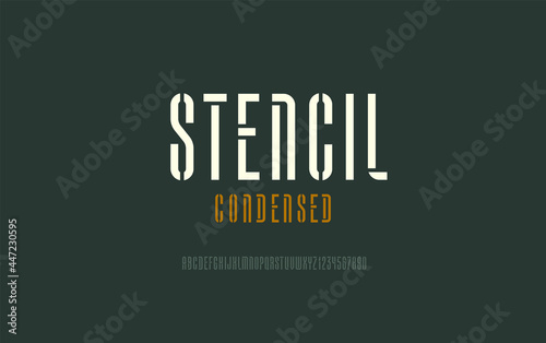 Original condensed font, modern stencil alphabet, letters and numbers, vector illustration 10EPS
