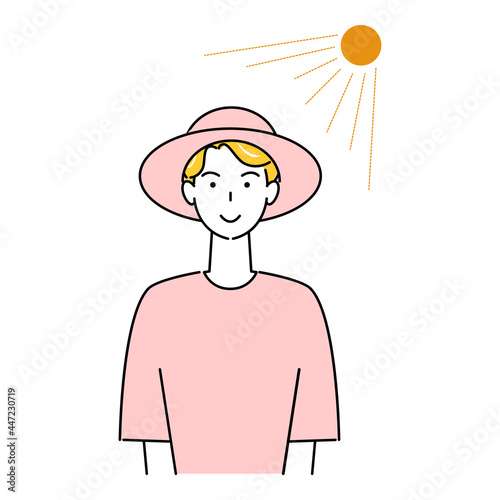 熱中症対策 太陽の下でUVカットの帽子をかぶっている笑顔の可愛い男性 イラスト シンプル ベクター