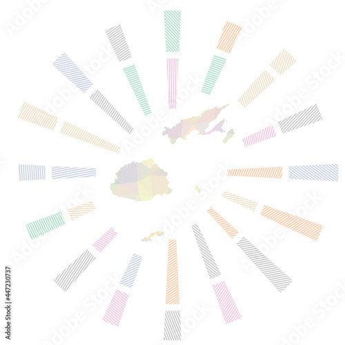 Fiji sunburst. Low poly striped rays and map of the country. Elegant vector illustration.