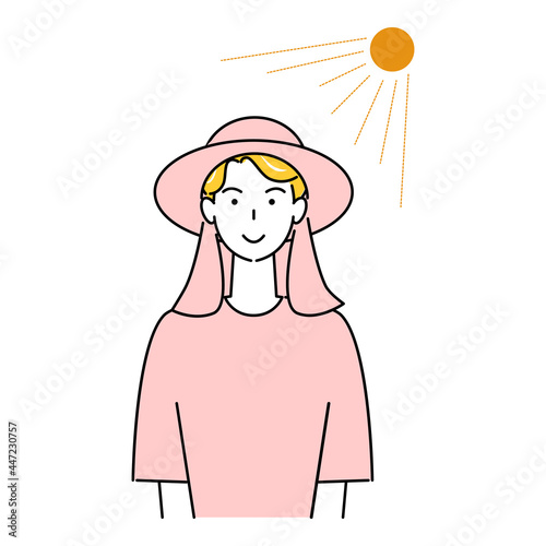 熱中症対策 太陽の下でバックシェード付きのUVカットの帽子をかぶっている笑顔の可愛い男性 イラスト シンプル ベクター