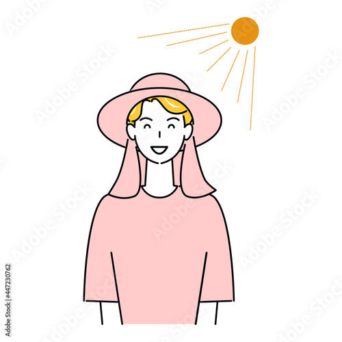 熱中症対策 太陽の下でバックシェード付きのUVカットの帽子をかぶっている笑顔の可愛い男性 イラスト シンプル ベクター