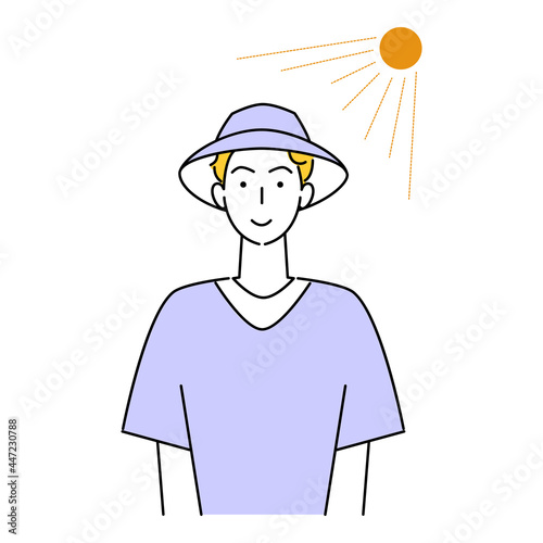 熱中症対策 太陽の下でUVカットの帽子をかぶっている笑顔の可愛い男性 イラスト シンプル ベクター