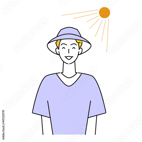 熱中症対策 太陽の下でUVカットの帽子をかぶっている笑顔の可愛い男性 イラスト シンプル ベクター