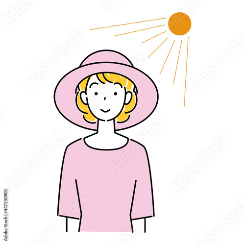 熱中症対策 太陽の下でUVカットの帽子をかぶっている笑顔の可愛い女性 イラスト シンプル ベクター