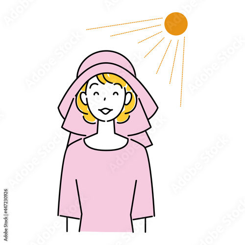 熱中症対策 太陽の下でバックシェード付きのUVカットの帽子をかぶっている笑顔の可愛い女性 イラスト シンプル ベクター