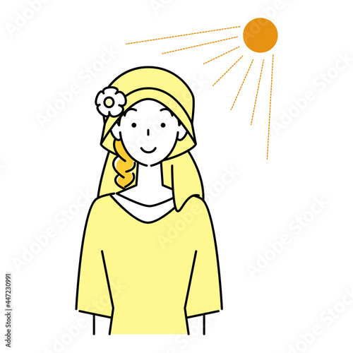 熱中症対策 太陽の下でバックシェード付きのUVカットの帽子をかぶっている笑顔の可愛い女性 イラスト シンプル ベクター