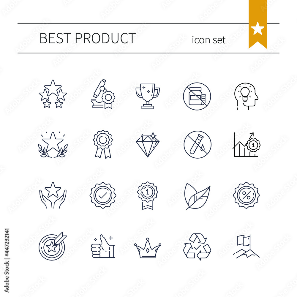 A set of line icons for best quality products. Outline symbol collection. Medal, cup, award, leader, eco, no additives, no chemicals illustrations. Vector icons on white background - EPS10 A set of line icons for best quality products. Outline symbol collection. Medal, cup, award, leader, eco, no additives, no chemicals illustrations. Vector icons on white background - EPS10