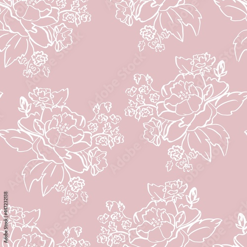 Vector White Ink Brushed Roses on Old Rose Pink seamless pattern background. Perfect for fabric, wallpaper and scrapbooking projects.