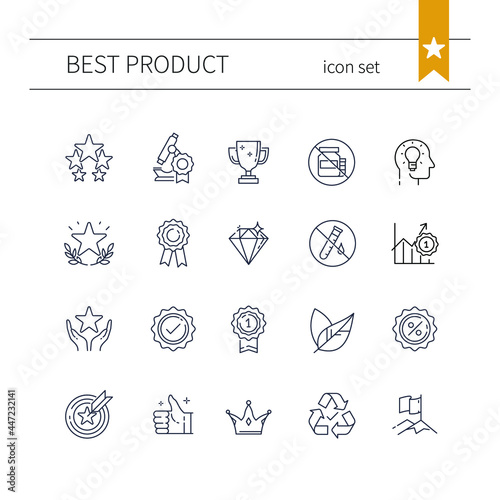 A set of line icons for best quality products. Outline symbol collection. Medal, cup, award, leader, eco, no additives, no chemicals illustrations. Vector icons on white background - EPS10