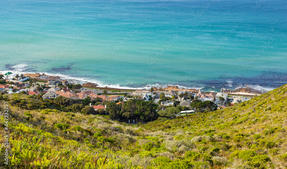 Elevated view of St James coastal town in False Bay, Cape Town