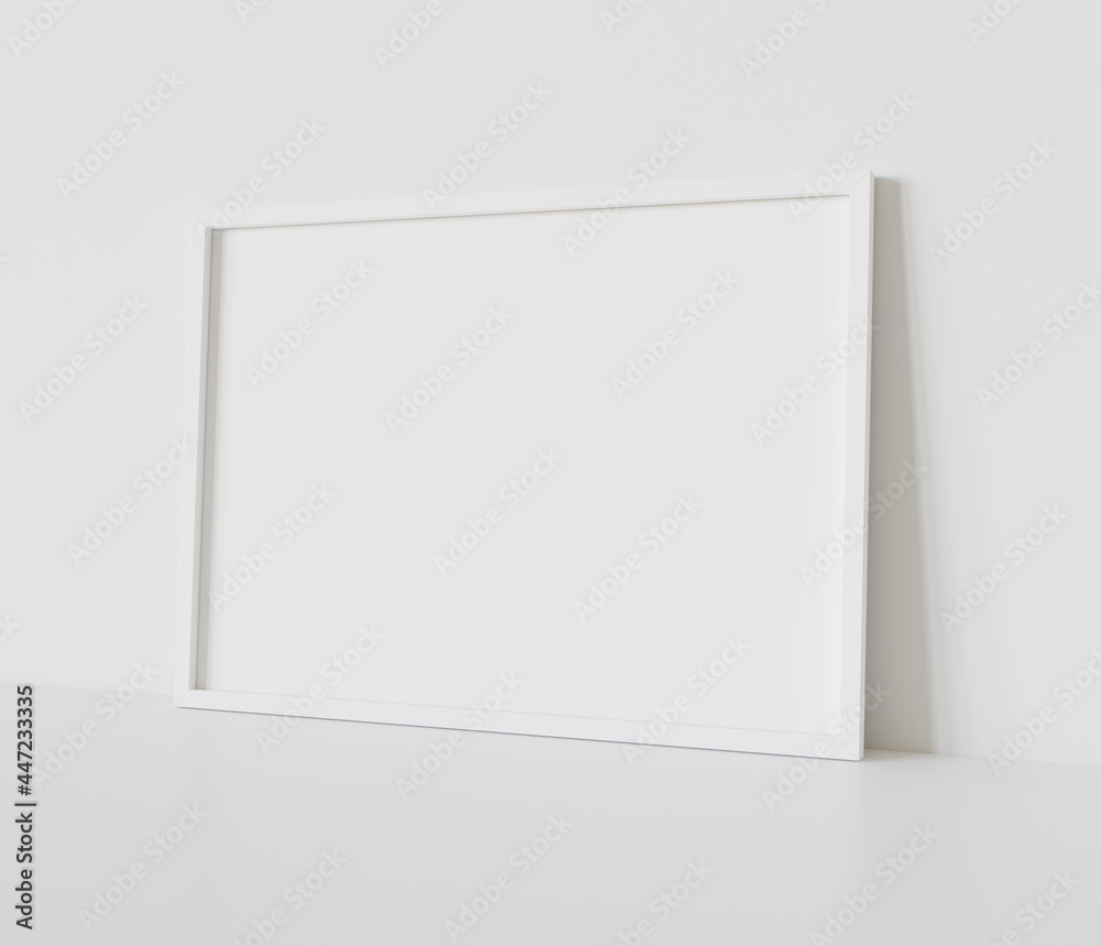 White frame leaning on white floor in interior mockup. Template of a picture framed on a wall 3D rendering White frame leaning on white floor in interior mockup. Template of a picture framed on a wall 3D rendering