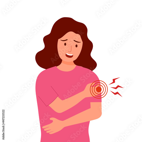 Young woman having arm pain in flat design on white background. Physical injury. Muscle or bone problem.