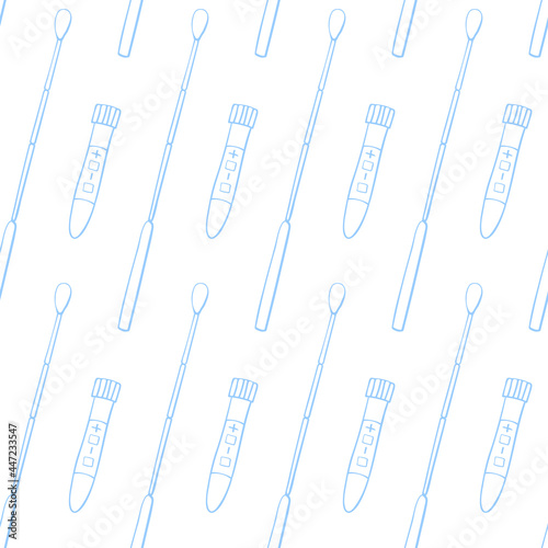 Seamless pattern with Test tubes, beakers and swabs isolated on white background. Covid-19 test. Blood samples. Flu analysis for laboratory. Vector outline doodle Medical backgrounds and textures.