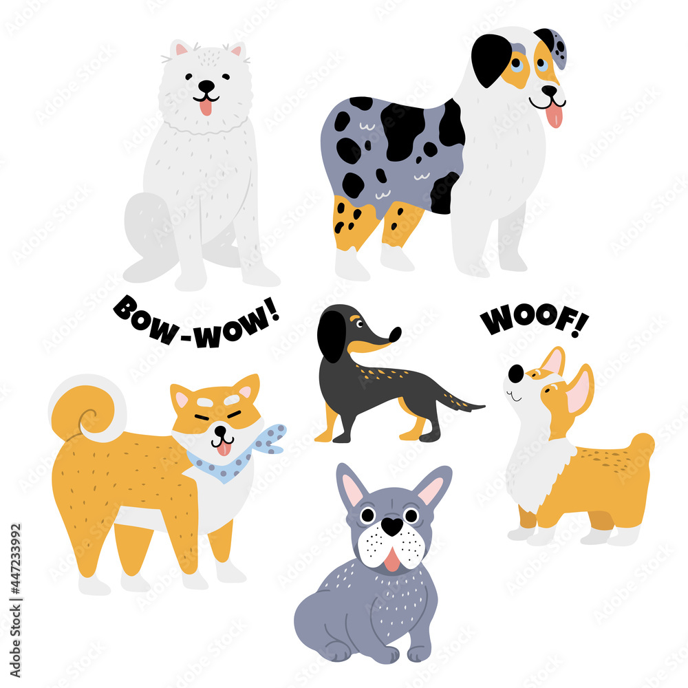 Vector set of cute doodle different breeds dogs
