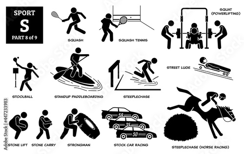 Sport games alphabet S vector icons pictogram. Squash, squash tennis, squat, stoolball, standup paddleboarding, steeplechase horse, street luge, stone lift carry, strongman, and stock car racing.