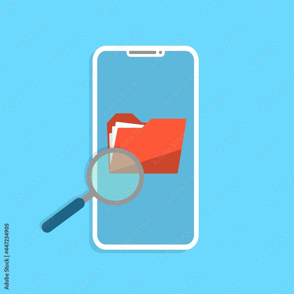 Phone with folder search and data synchronisation. Touchscreen device with magnifying glass. Phone with folder search and data synchronisation. Touchscreen device with magnifying glass.