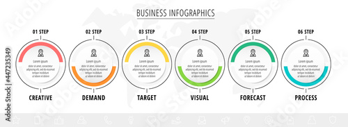 Business vector infographics with 6 line circles. Timeline visualization with six steps for diagram, flowchart, banner, presentations, web, content, levels, chart, graphic