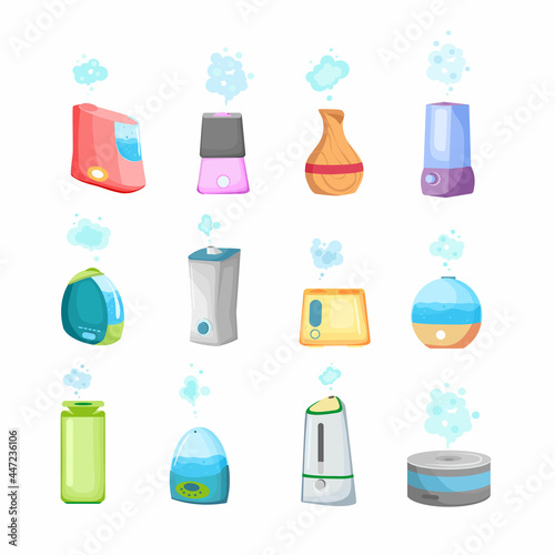 A collection of humidifiers. An ecological system for humidifying dry air in the house and any other room. Microclimate of household appliances. Modern vector flat cartoon illustration.