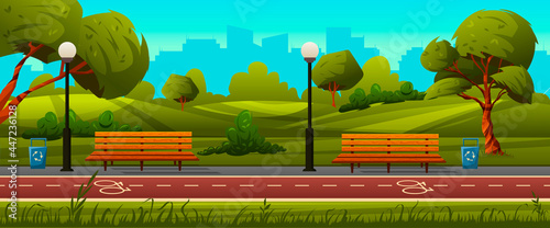 Panoramic view of the city park with green trees and grass, wooden benches, lanterns, bicycle and jogging paths. Vector cartoon summer landscape with empty public garden. Vector illustration