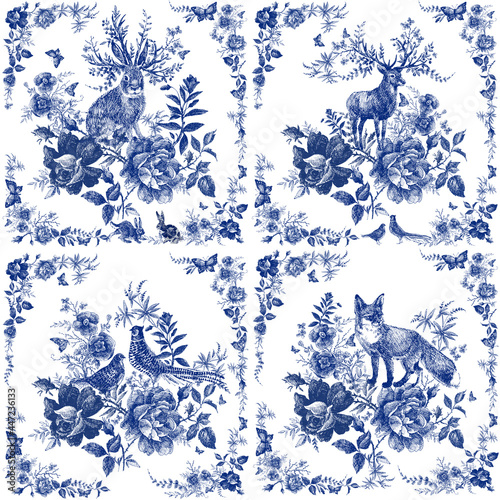 Vintage hand drawn seamless pattern with Fairytale forest and wild animal. roses flower line graphics. fashion textile design Indigo color. 