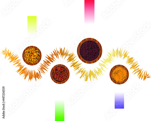 spices at four o'clock on the sides of the golden curve line and multicolored rectangles at the top and bottom 