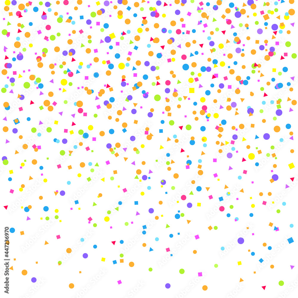 Falling multicolored glitters. Background with confetti. Pattern for design. Print for polygraphy, posters, t-shirts and textiles. Greeting cards