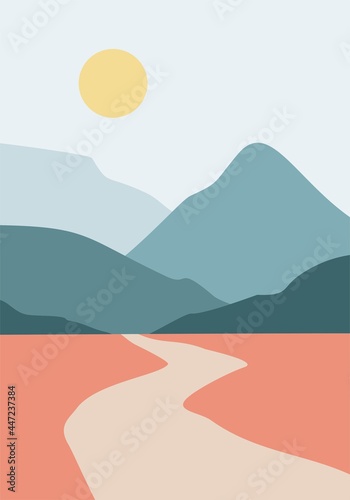 minimalist mountain and river landscpae illustration vector perfect for wall decor and printing
