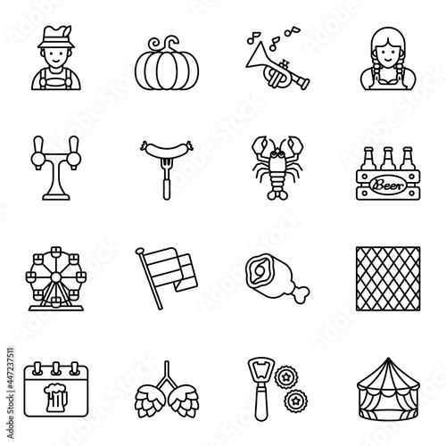Oktoberfest beer icons set 2 with white background. Thin line style stroke vector.