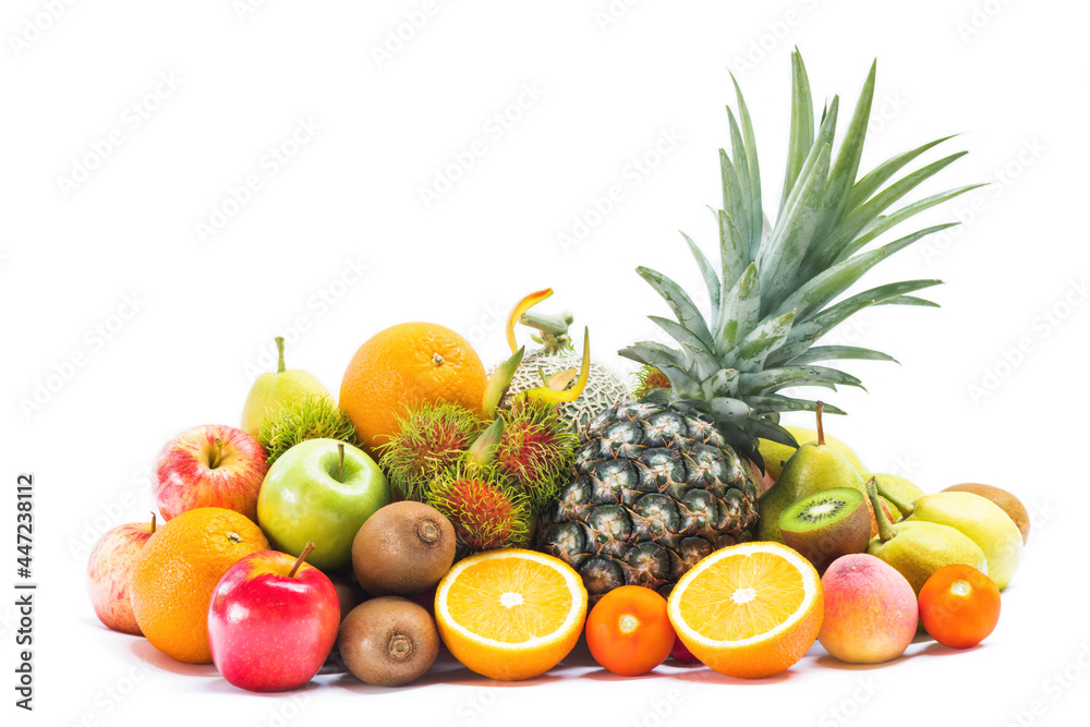 Various fresh fruits isolated on white background, Group of fresh fruits arrangement on white, Ripe fruits for healthy lifestyle