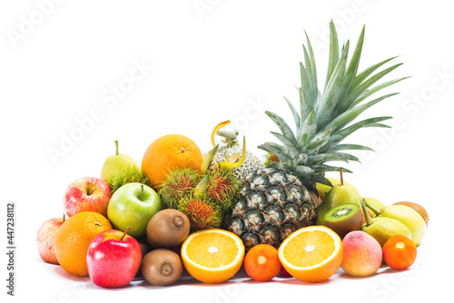 Various fresh fruits isolated on white background  Group of fresh fruits arrangement on white  Ripe fruits for healthy lifestyle