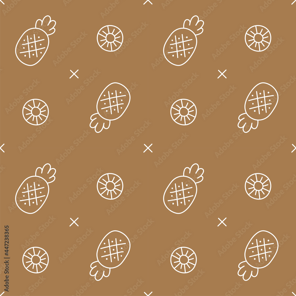 White Outline Flat Minimal Pineapple Vector Pattern Design Brown Background Editable Stroke. Cartoon Illustration Cloth, Picnic Mat, Fabric pattern, Textile, Tile, Scarf, Wrapping Paper. White Outline Flat Minimal Pineapple Vector Pattern Design Brown Background Editable Stroke. Cartoon Illustration Cloth, Picnic Mat, Fabric pattern, Textile, Tile, Scarf, Wrapping Paper.