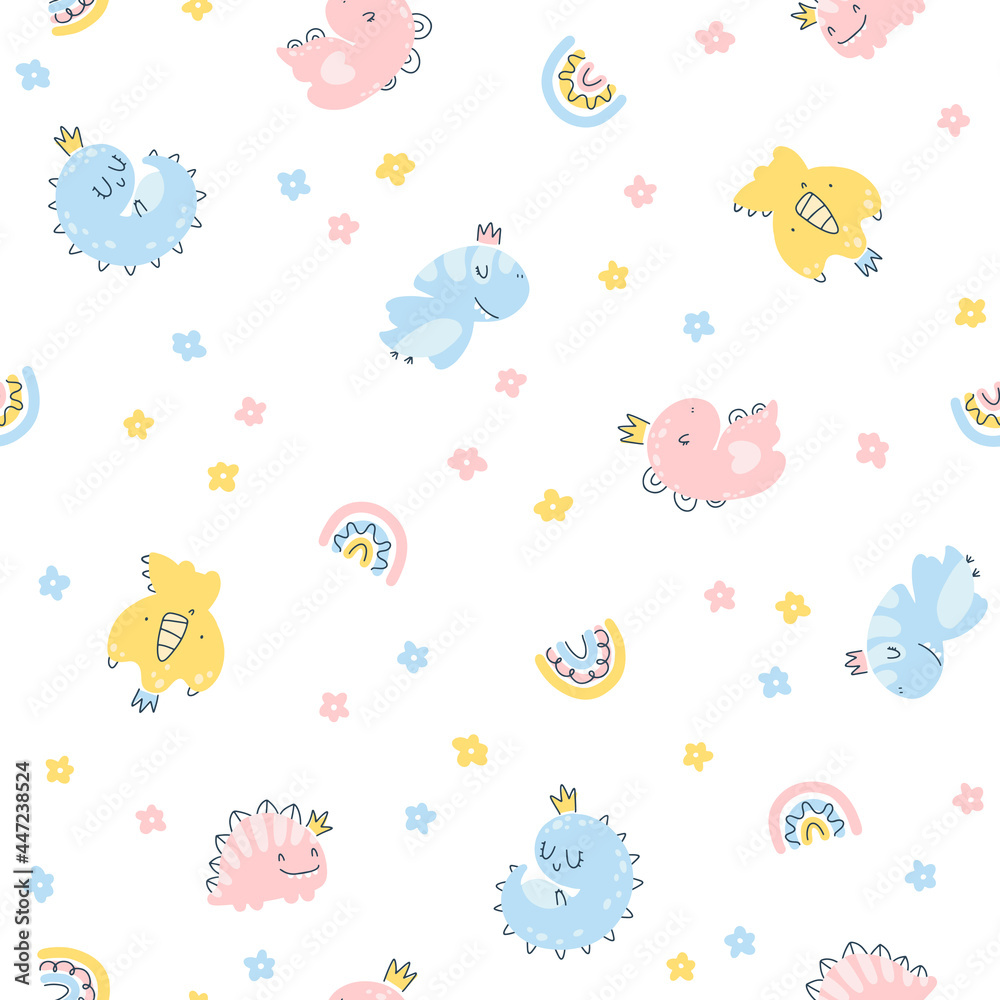 Dino princess seamless pattern. Girls dinosaurs in crowns in a simple childish hand-drawn Scandinavian style. Vector texture for baby clothes, packaging, wallpapers, textiles, fabrics.