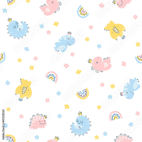 Dino princess seamless pattern. Girls dinosaurs in crowns in a simple childish hand-drawn Scandinavian style. Vector texture for baby clothes  packaging  wallpapers  textiles  fabrics.