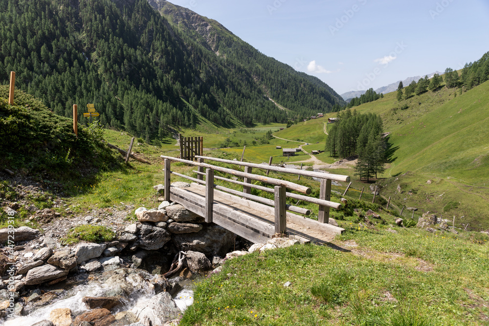 Wooden bridge over a small stream in the Alps. Mountain landscape