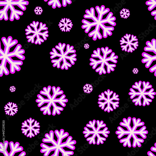 Pink Neon snowflakes, winter pattern on black background. © Nata_Prando